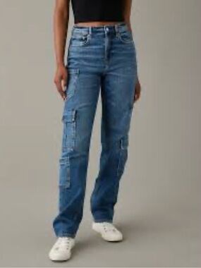 American Eagle Cargo Super High Rise Baggy Straight Loose Stretch Denim Jeans